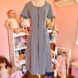 vintage 90s cottagecore navy & white gingham midi picnic dress M/L